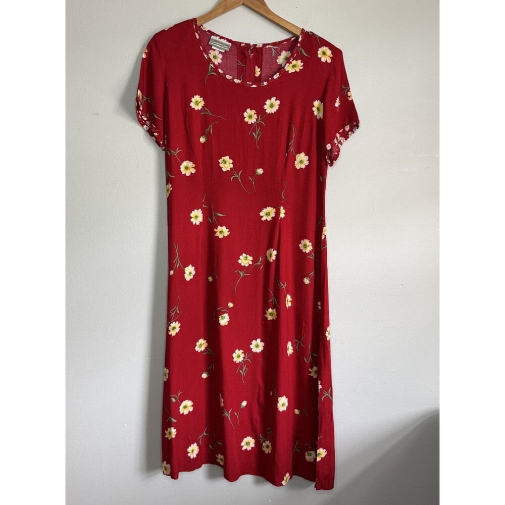 VTG 90s Coldwater Creek Red Floral Midi Dress Womens Size 12 P Cottagecore Boho